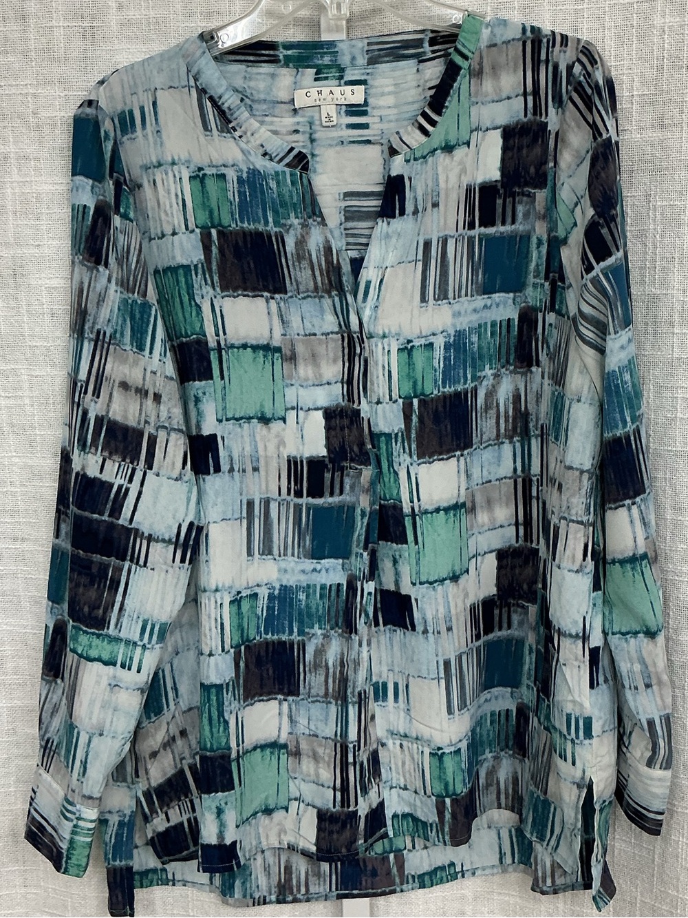 Chaus Teal Blue Green Abstract V-Neck Long-Sleeve Blouse